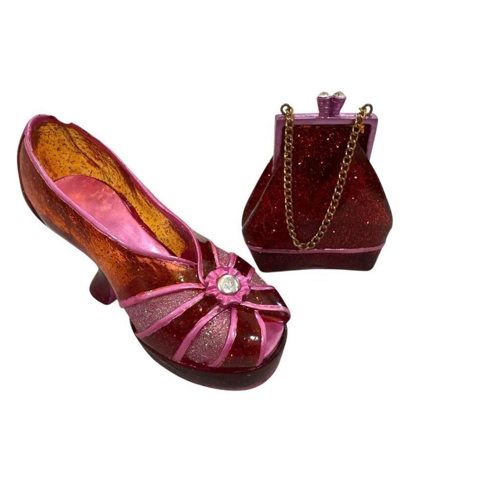 Vintage Nostalgia Shoe Purse Miniature‎ Set Pink Red Glitter Sparkle Lot of 2